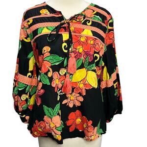 ModaPosa Leola Blouse S Black Cotton Citrus Floral Tassels Peasant Boho Resort